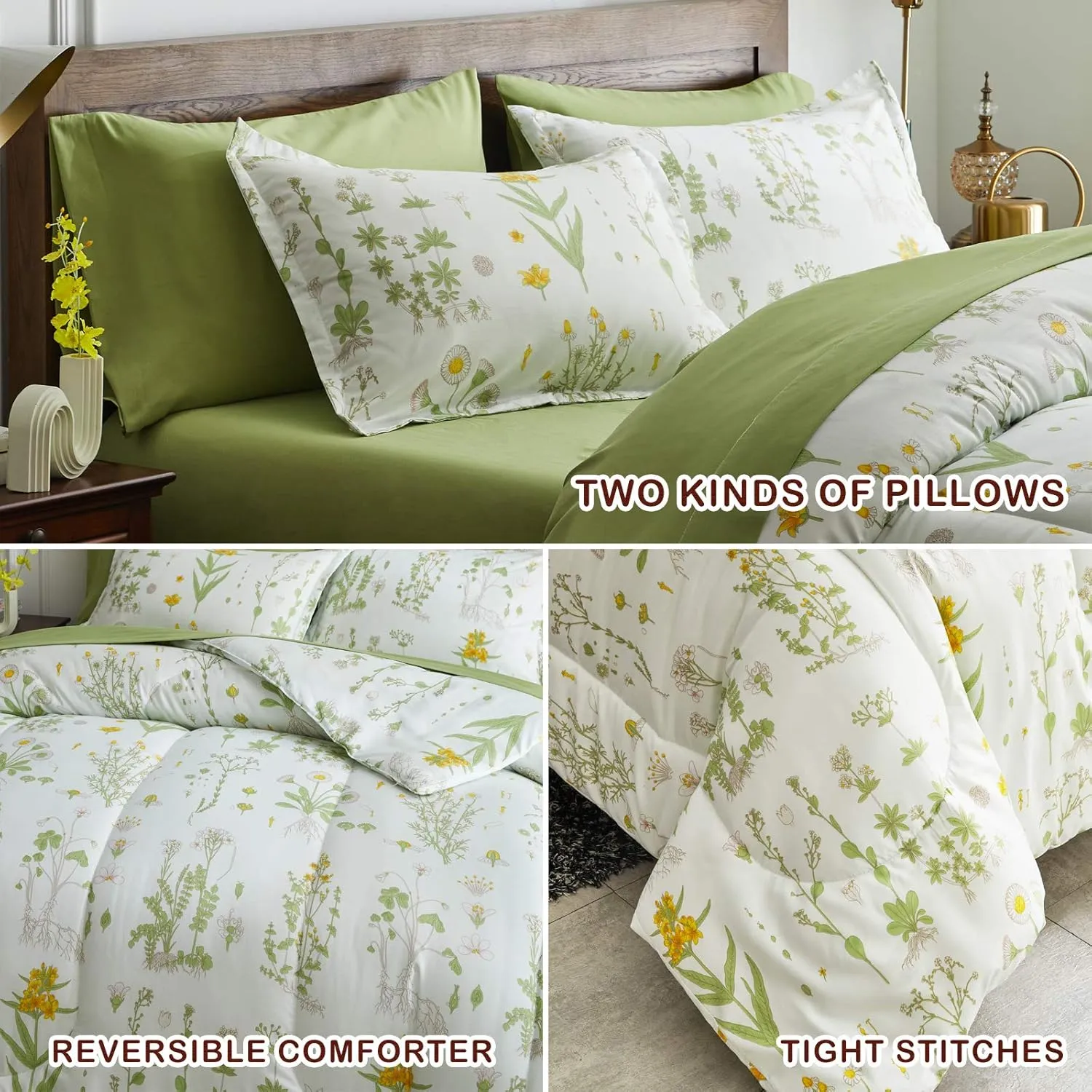 Joyreap 6 Piece Bed in a Bag Twin, Green Leaves Yellow Flower Botanical Design, Smooth Soft Microfiber Comforter Set (1 Comforter, 2 Pillow Shams, 1 Flat Sheet, 1 Fitted Sheet, 1 Pillowcase)