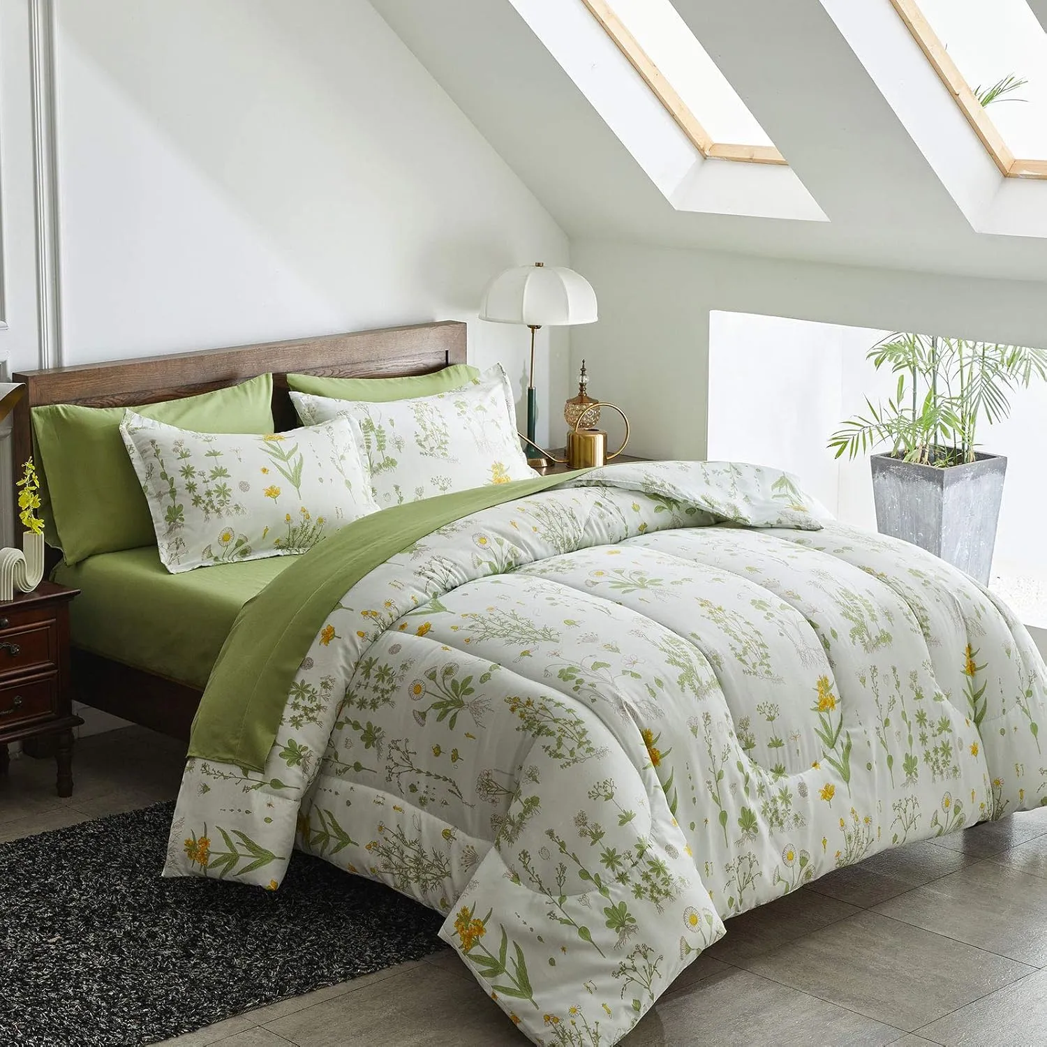 Joyreap 6 Piece Bed in a Bag Twin, Green Leaves Yellow Flower Botanical Design, Smooth Soft Microfiber Comforter Set (1 Comforter, 2 Pillow Shams, 1 Flat Sheet, 1 Fitted Sheet, 1 Pillowcase)