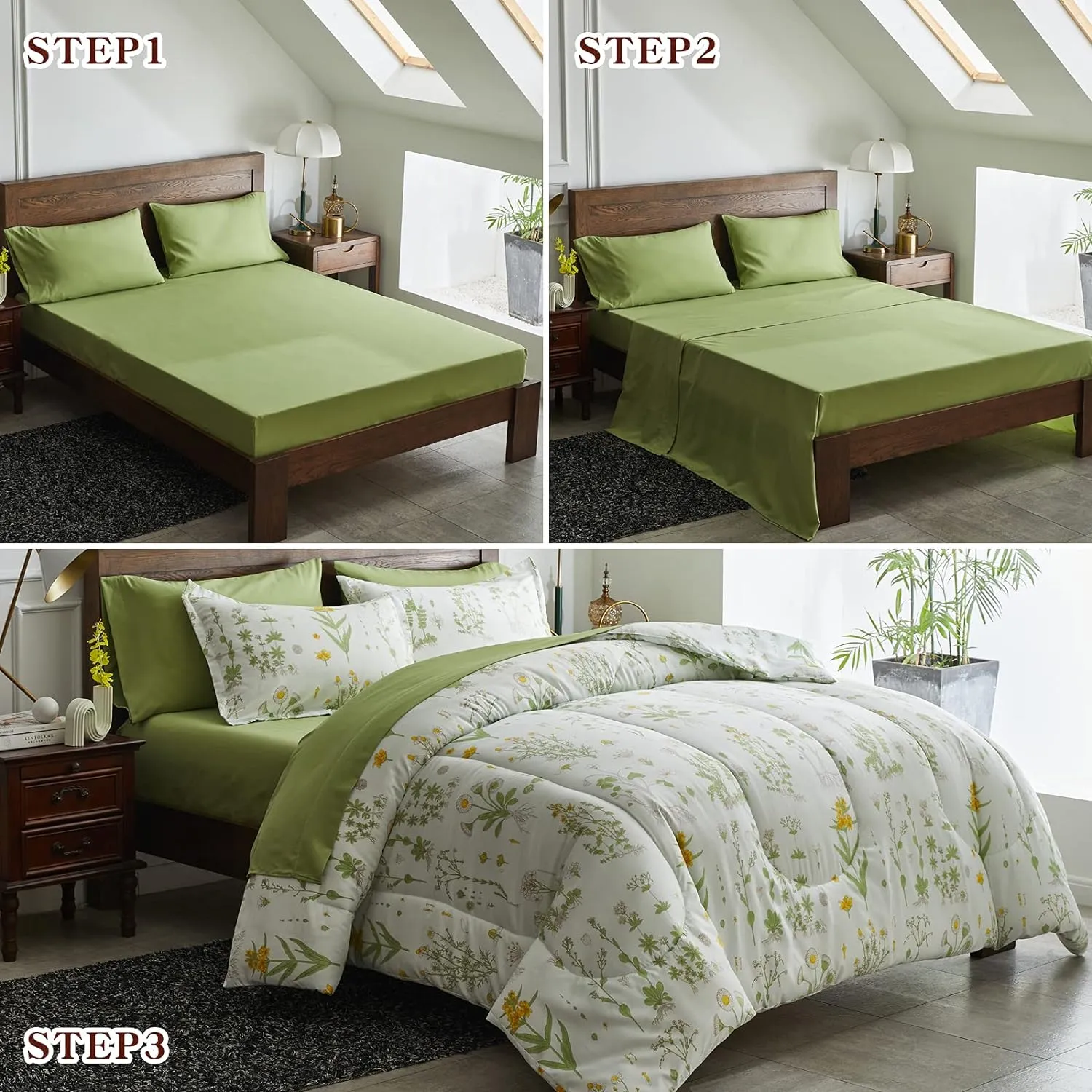 Joyreap 6 Piece Bed in a Bag Twin, Green Leaves Yellow Flower Botanical Design, Smooth Soft Microfiber Comforter Set (1 Comforter, 2 Pillow Shams, 1 Flat Sheet, 1 Fitted Sheet, 1 Pillowcase)
