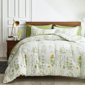 Joyreap 6 Piece Bed in a Bag Twin, Green Leaves Yellow Flower Botanical Design, Smooth Soft Microfiber Comforter Set (1 Comforter, 2 Pillow Shams, 1 Flat Sheet, 1 Fitted Sheet, 1 Pillowcase)