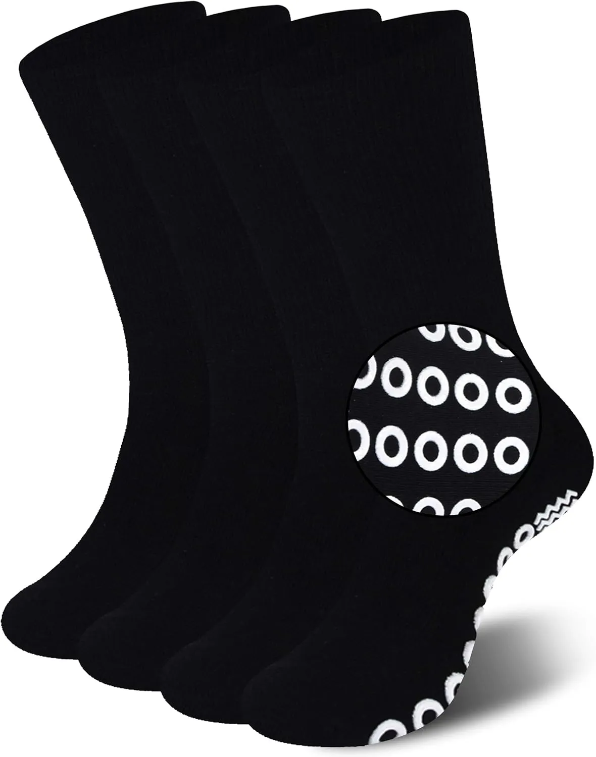 JSPA Non Skid Crew Socks, Anti Slip Socks for Barre Yoga Pilates Maternity Pregnancy Hospital Men Women Bariatric Extra Wide Slipper Socks for People with Swollen feet Diabetes & Edema 4 Pairs Black
