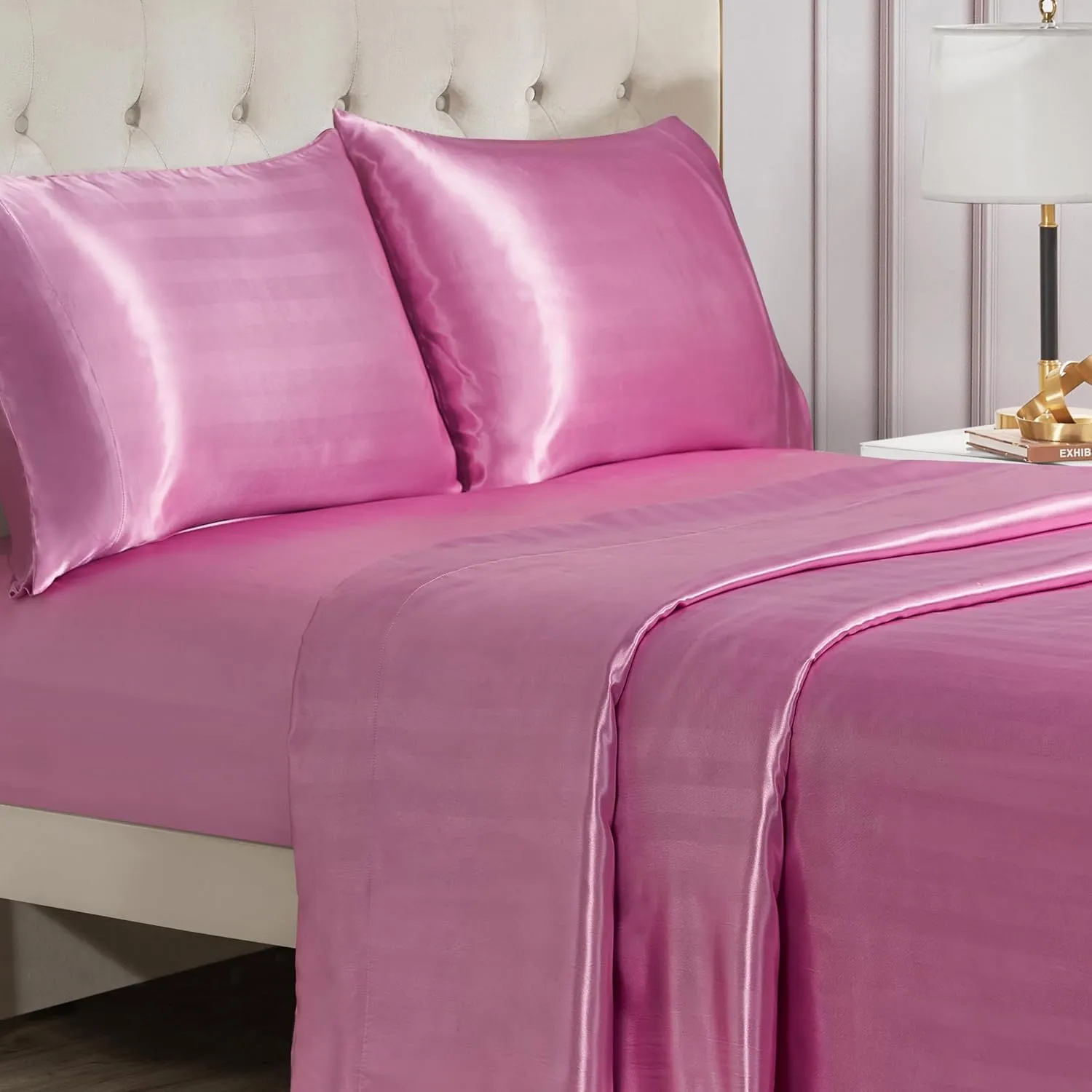Juicy Couture Silky Satin Damask Sheet Set - Luxury Pink Bedding - Smooth Satin Striped Sheets - King Size