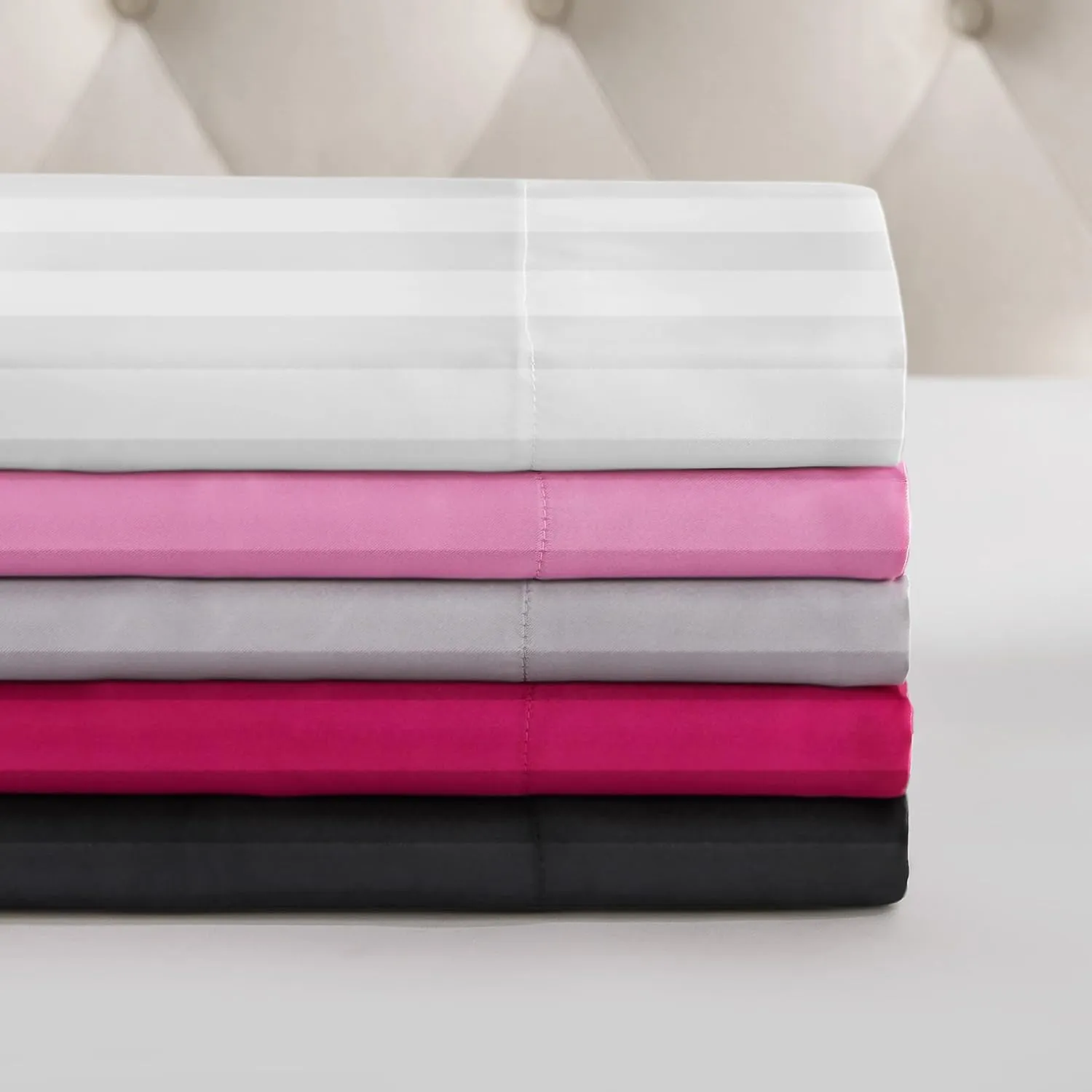 Juicy Couture Silky Satin Damask Sheet Set - Luxury Pink Bedding - Smooth Satin Striped Sheets - King Size