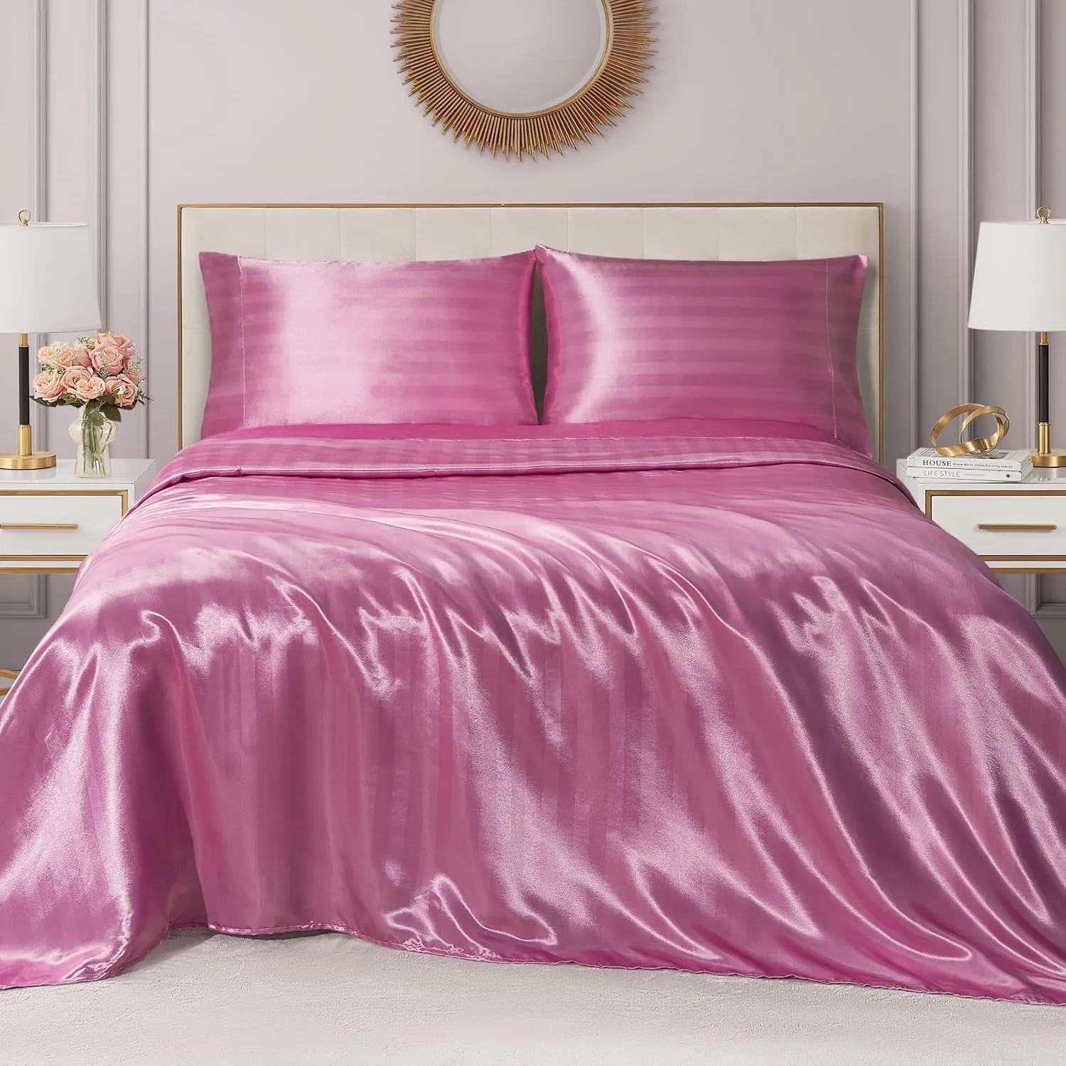 Juicy Couture Silky Satin Damask Sheet Set - Luxury Pink Bedding - Smooth Satin Striped Sheets - King Size
