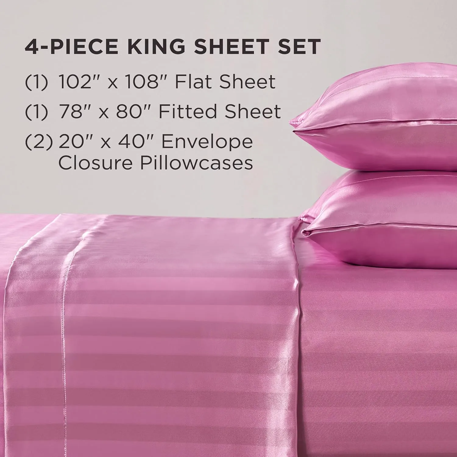 Juicy Couture Silky Satin Damask Sheet Set - Luxury Pink Bedding - Smooth Satin Striped Sheets - King Size