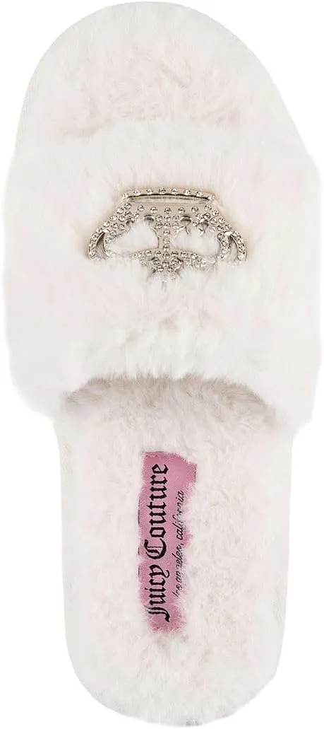 Juicy Couture Women's Plush Faux Fur Slippers – Cozy Open-Toe Slides, Soft Indoor/Outdoor House Shoes
