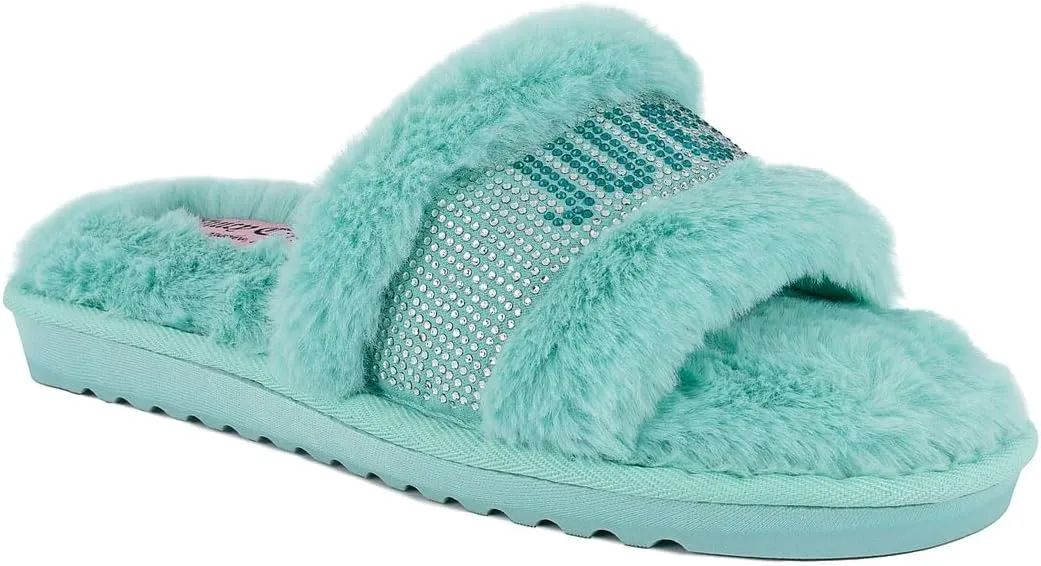 Juicy Couture Women's Plush Faux Fur Slippers – Cozy Open-Toe Slides, Soft Indoor/Outdoor House Shoes