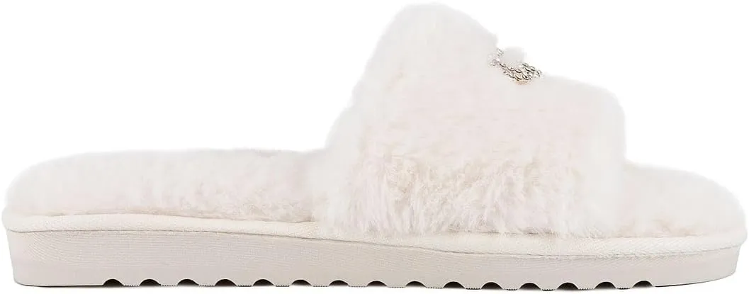 Juicy Couture Women's Plush Faux Fur Slippers – Cozy Open-Toe Slides, Soft Indoor/Outdoor House Shoes