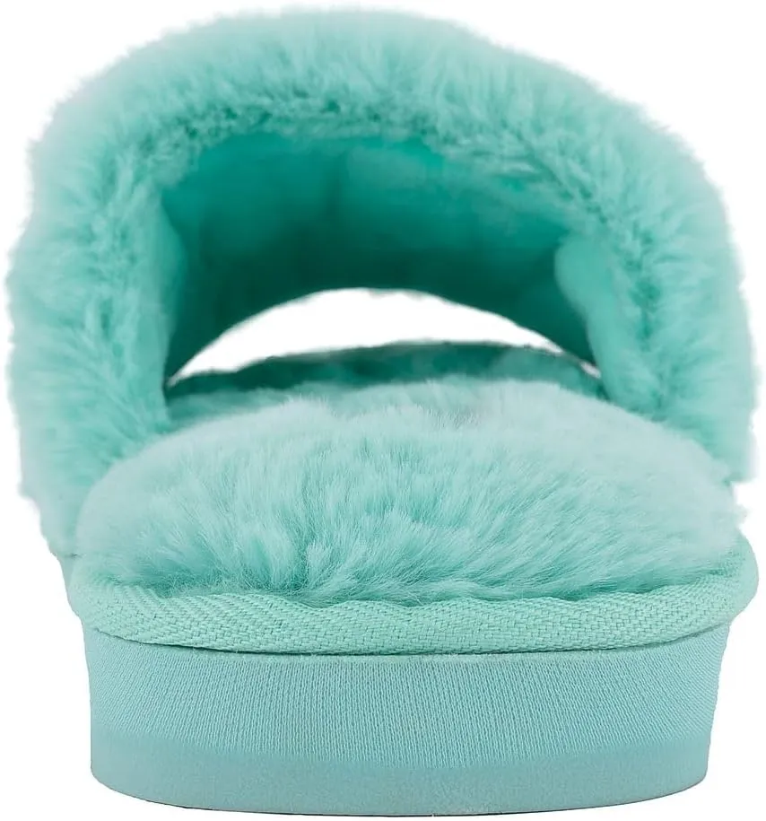 Juicy Couture Women's Plush Faux Fur Slippers – Cozy Open-Toe Slides, Soft Indoor/Outdoor House Shoes