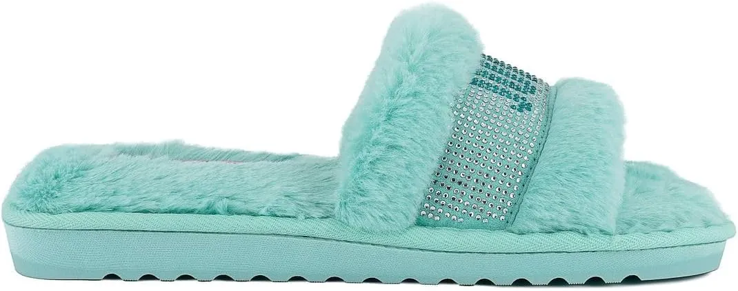 Juicy Couture Women's Plush Faux Fur Slippers – Cozy Open-Toe Slides, Soft Indoor/Outdoor House Shoes