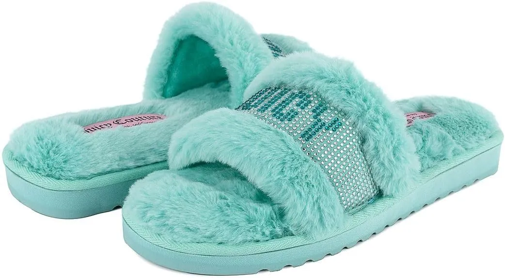 Juicy Couture Women's Plush Faux Fur Slippers – Cozy Open-Toe Slides, Soft Indoor/Outdoor House Shoes