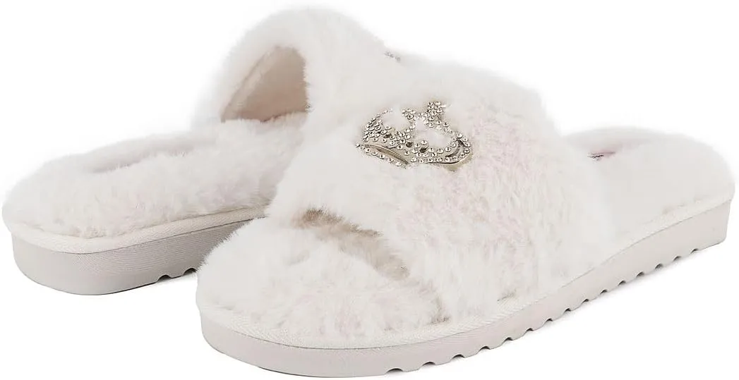 Juicy Couture Women's Plush Faux Fur Slippers – Cozy Open-Toe Slides, Soft Indoor/Outdoor House Shoes