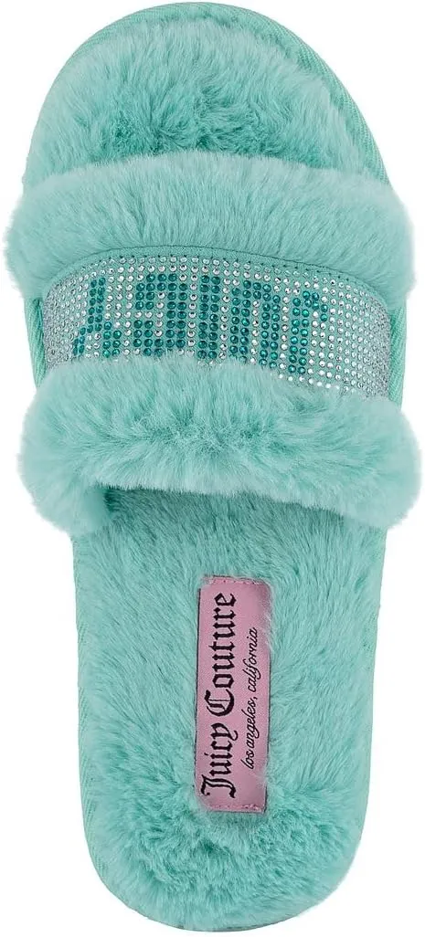 Juicy Couture Women's Plush Faux Fur Slippers – Cozy Open-Toe Slides, Soft Indoor/Outdoor House Shoes