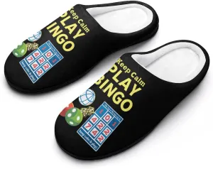 Keep Calm Play Bingo Men's Cotton Slipper Shoes Printed Funny Soft Anti-Skid Sole Home Shoe for House Indoor Outdoor