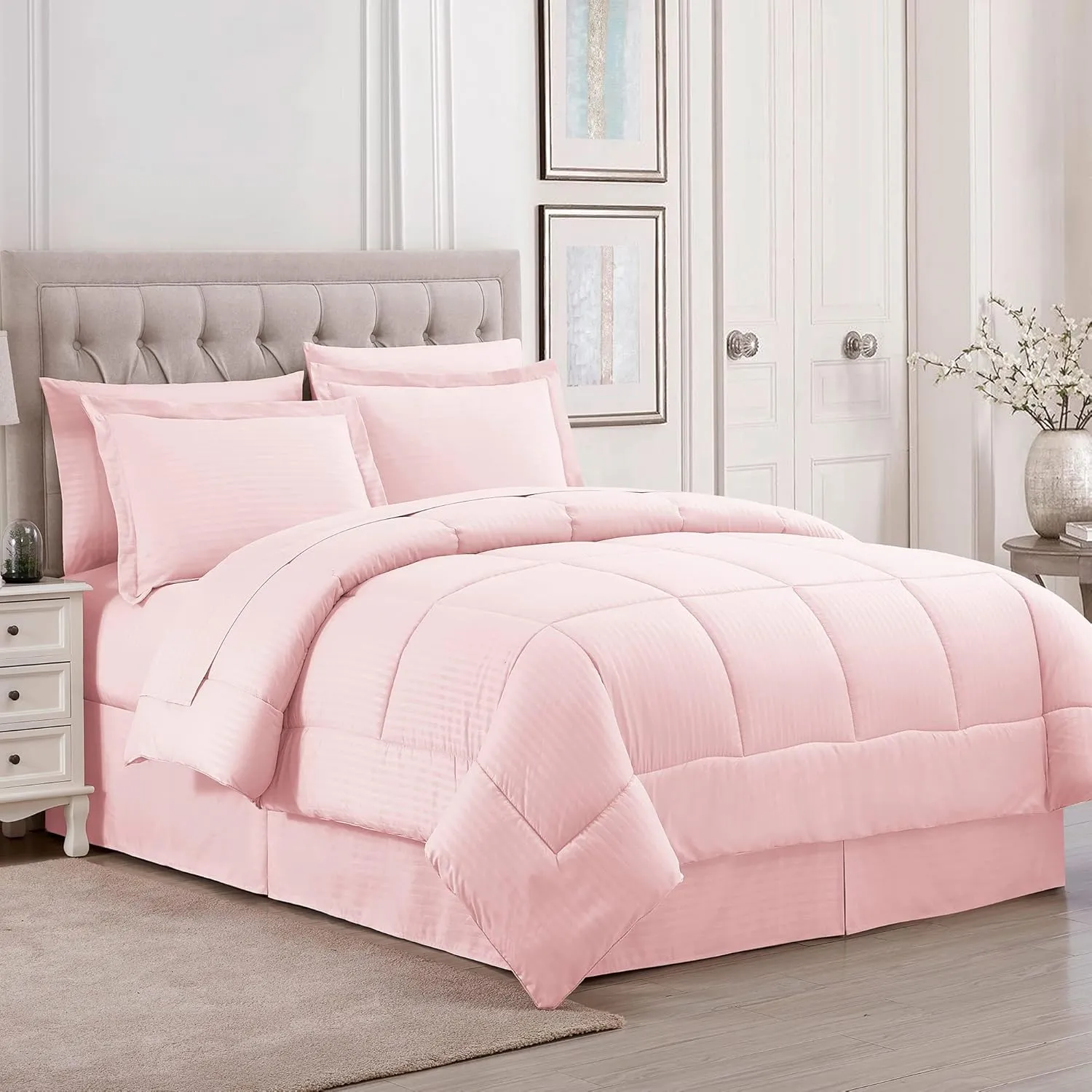 King Size Comforter Set 8 Piece Bed in a Bag with Bed Skirt, Fitted Sheet, Flat Sheet, 2 Pillowcases, 2 Pillow Shams, King, Dobby Pale Pink