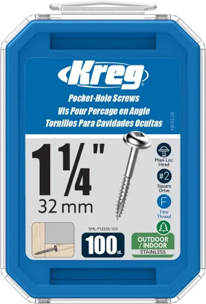 Kreg SML-F125S5-100 Stainless Steel Pocket Screws, 1-1/4 Inch #7 Fine Thread, Maxi-Loc Head (100 Count)