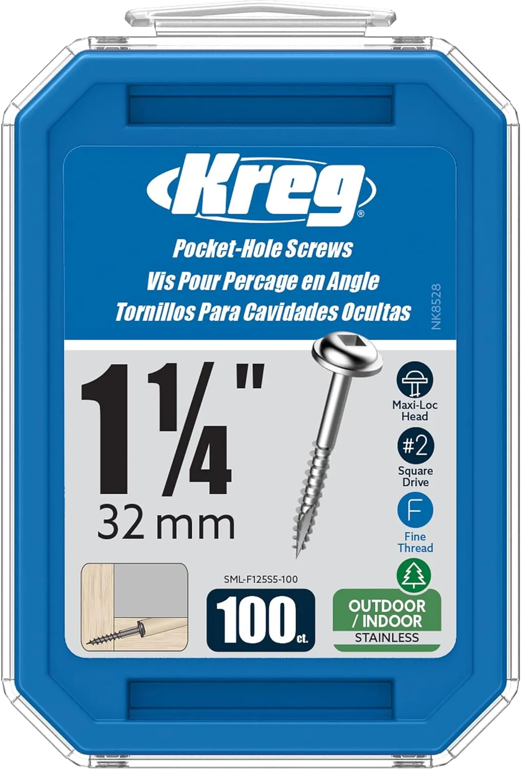 Kreg SML-F125S5-100 Stainless Steel Pocket Screws, 1-1/4 Inch #7 Fine Thread, Maxi-Loc Head (100 Count)