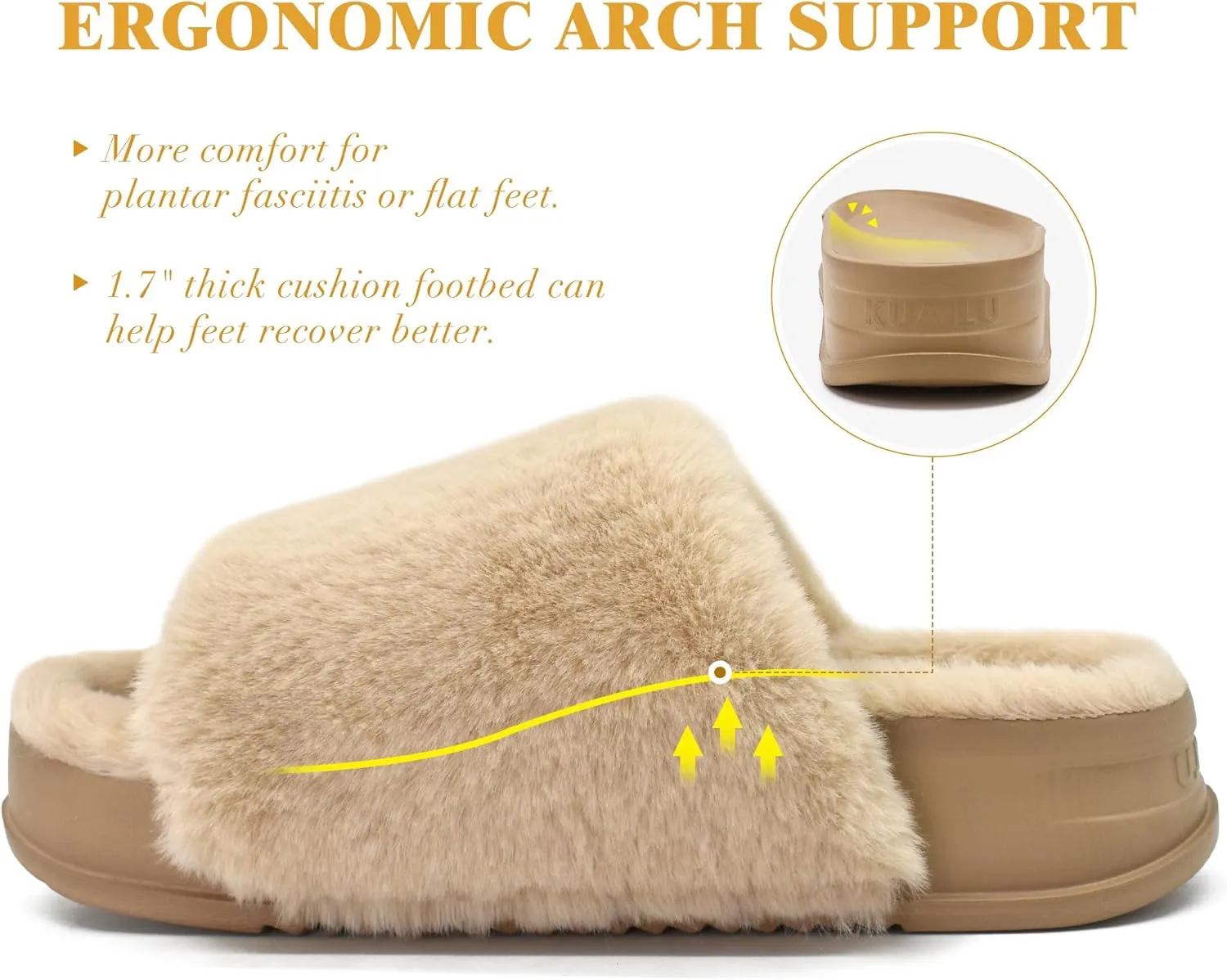 KuaiLu Women's Orthotic Slippers With Arch Support Soft Cushion Sandal Slippers for Woman Ladies Fashion Open Toe Faux Fur Platform Slipper Indoor Outdoor Size 6~12