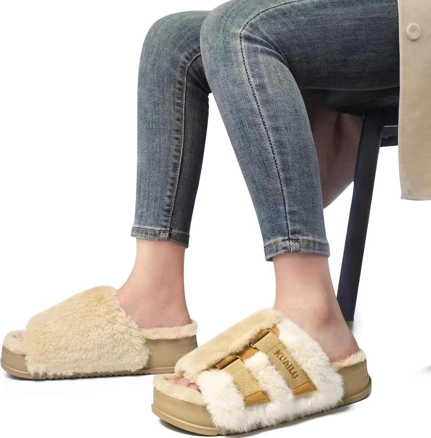 KuaiLu Women's Orthotic Slippers With Arch Support Soft Cushion Sandal Slippers for Woman Ladies Fashion Open Toe Faux Fur Platform Slipper Indoor Outdoor Size 6~12