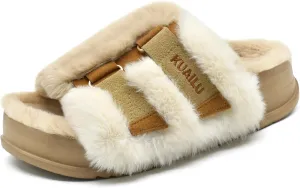 KuaiLu Women's Orthotic Slippers With Arch Support Soft Cushion Sandal Slippers for Woman Ladies Fashion Open Toe Faux Fur Platform Slipper Indoor Outdoor Size 6~12