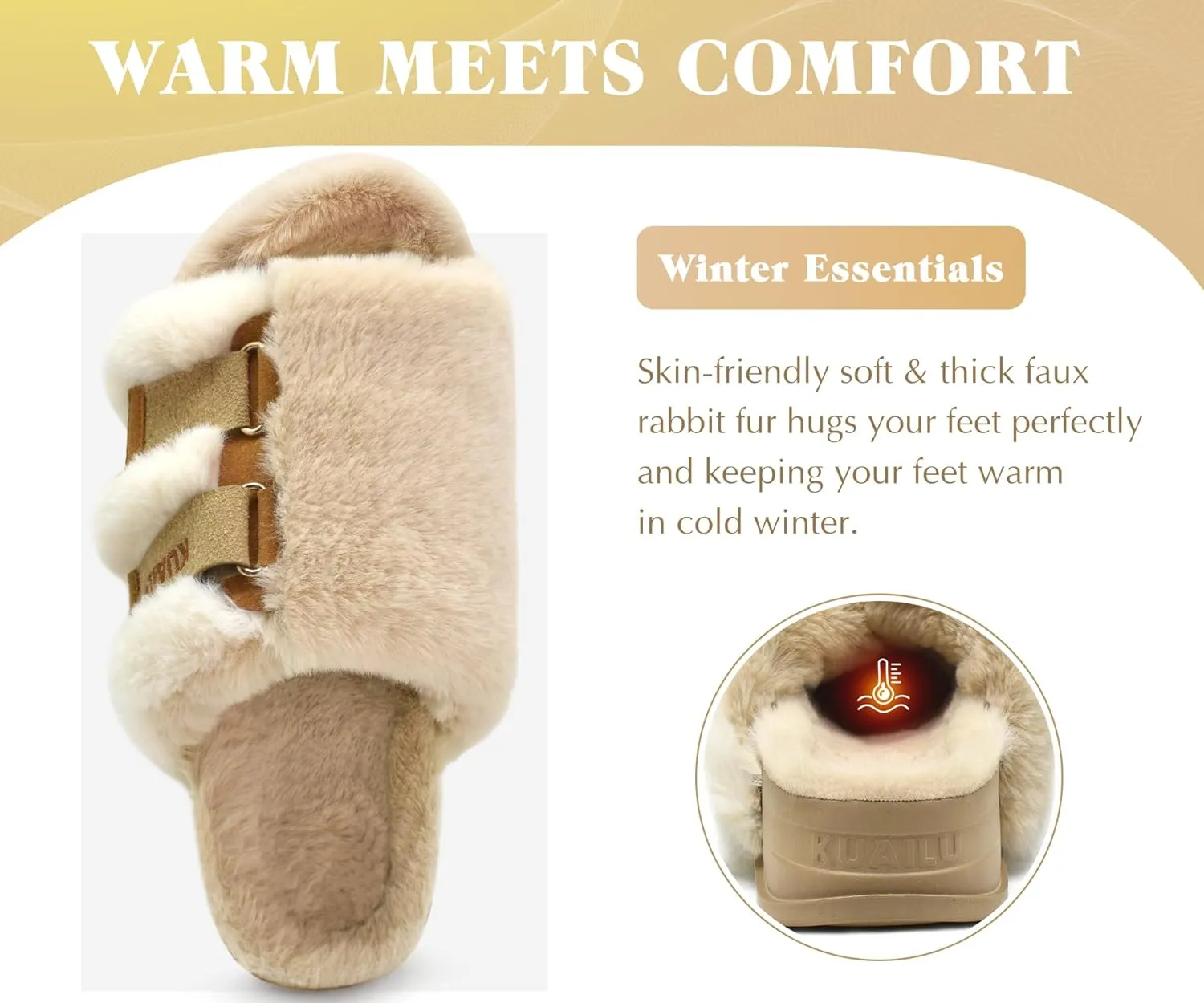 KuaiLu Women's Orthotic Slippers With Arch Support Soft Cushion Sandal Slippers for Woman Ladies Fashion Open Toe Faux Fur Platform Slipper Indoor Outdoor Size 6~12