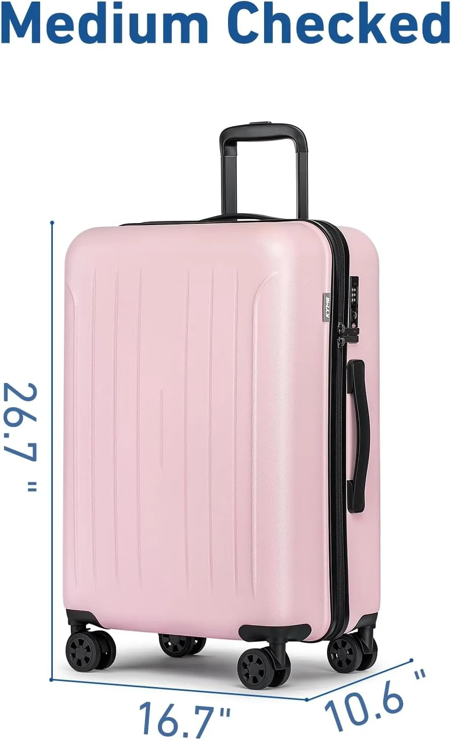 KYME 24 Inch Checked Luggage, Durable Hardcase with TSA Lock & Smooth Spinner Wheels, Pink
