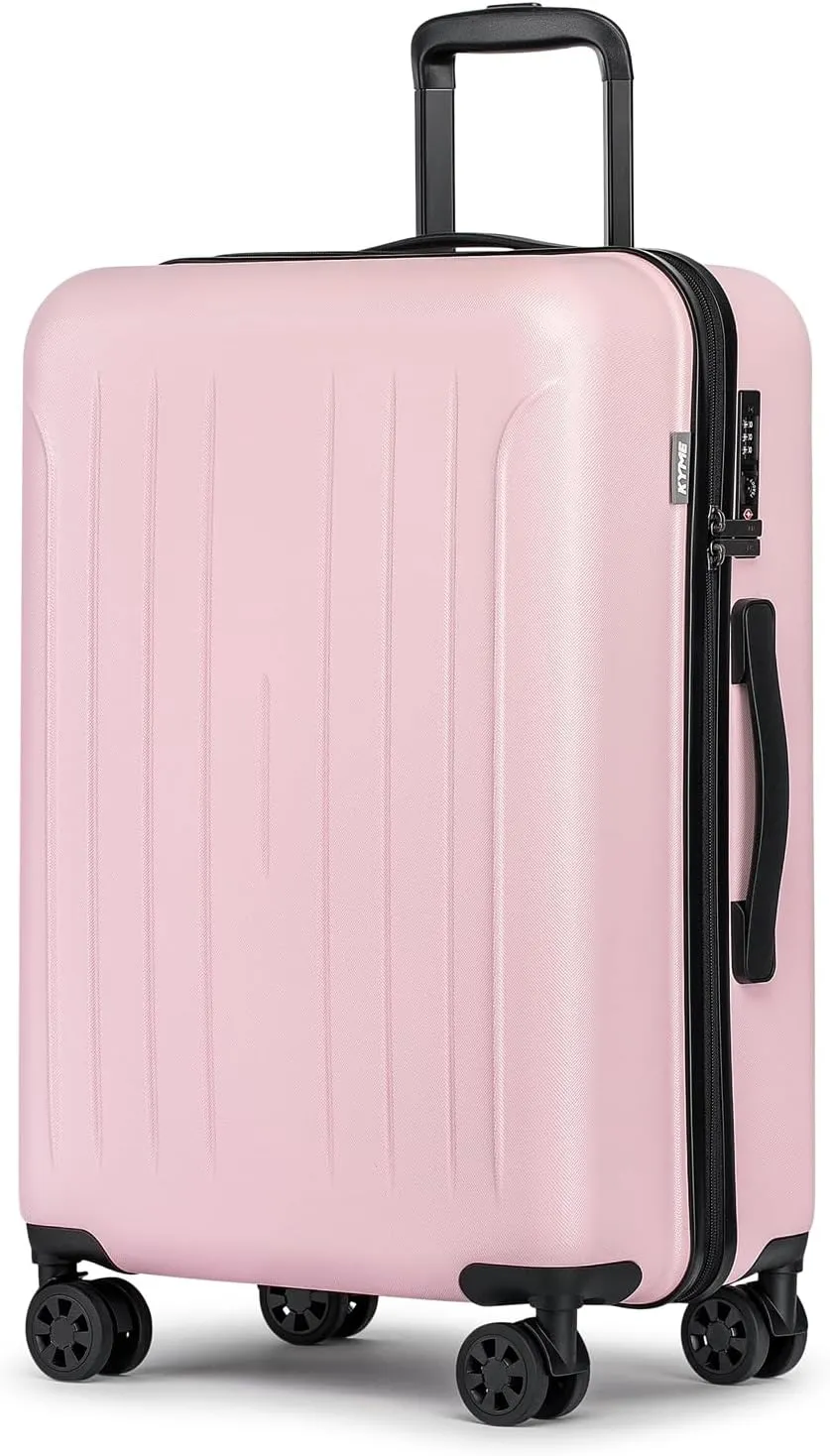 KYME 24 Inch Checked Luggage, Durable Hardcase with TSA Lock & Smooth Spinner Wheels, Pink