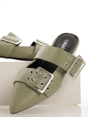 Ladies Pointed Push In Pump With Double Buckle Straps - Sage
