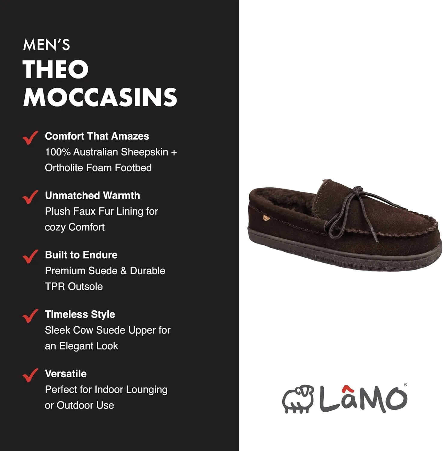 Lamo Men's Theo Moccasins for Men - Premium Suede Upper, Luxurious Faux Fur Lining, Ortholite Foam Footbed with Australian Sheepskin, TPR Outsole - The New Upgraded Men's Moc