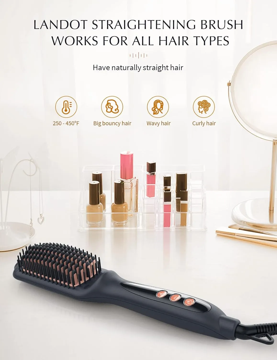 LANDOT Hair Straightening Brush Straightener: Negative Ion Ceramic Heated Hot Brush for Smooth Frizz-Free Hair - Dual Voltage 100-240V & 12 Temp Settings 250°F to 450°F