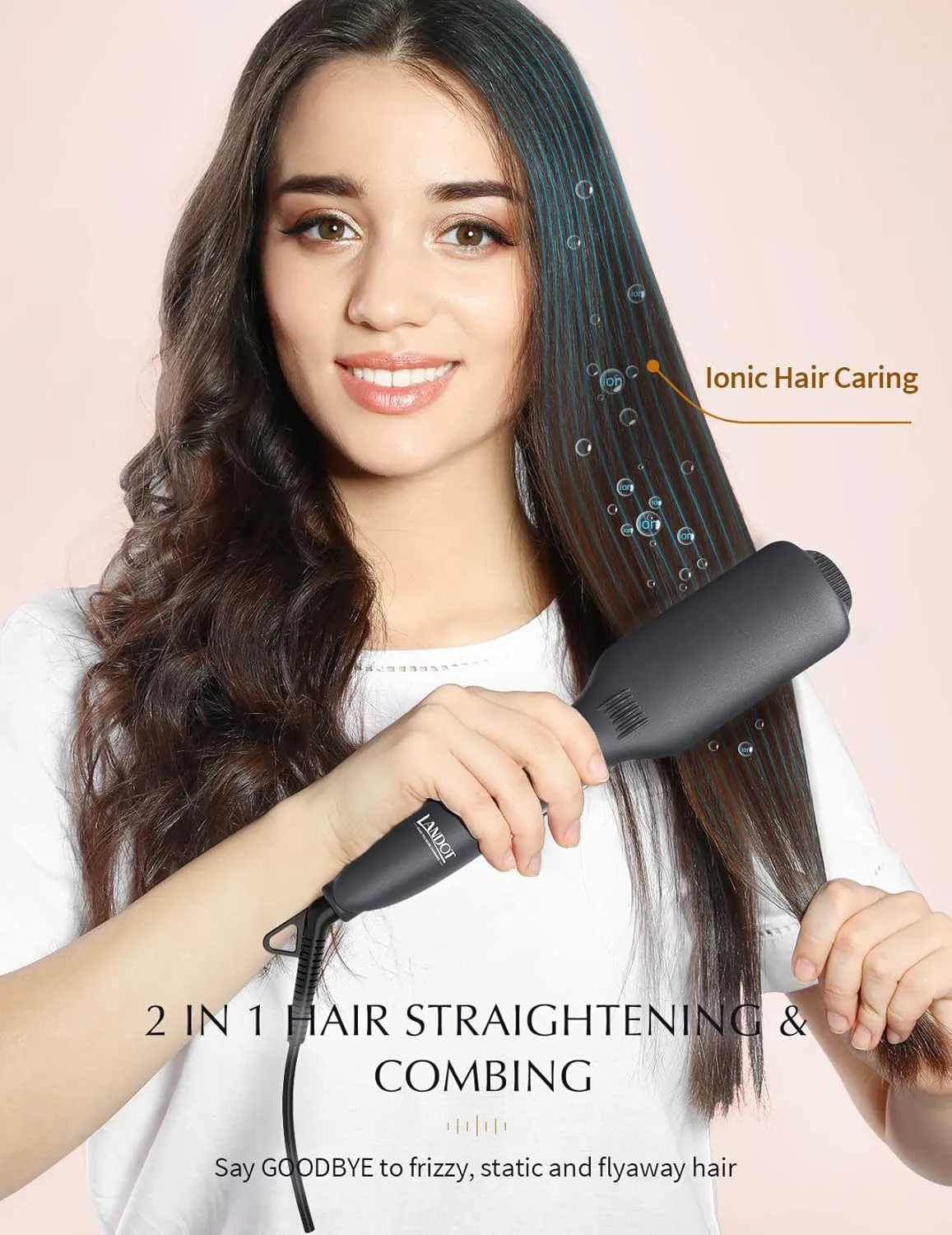LANDOT Hair Straightening Brush Straightener: Negative Ion Ceramic Heated Hot Brush for Smooth Frizz-Free Hair - Dual Voltage 100-240V & 12 Temp Settings 250°F to 450°F