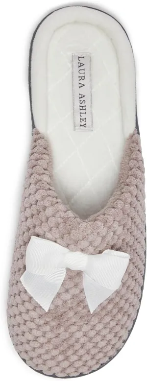 Laura Ashley Rugged Spa Slipper with Bow, Cozy Memory Foam Hard Bottom Slippers for Women, Soft Warm House Shoes