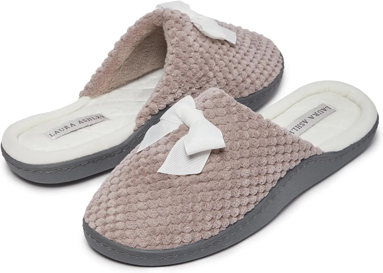 Laura Ashley Rugged Spa Slipper with Bow, Cozy Memory Foam Hard Bottom Slippers for Women, Soft Warm House Shoes