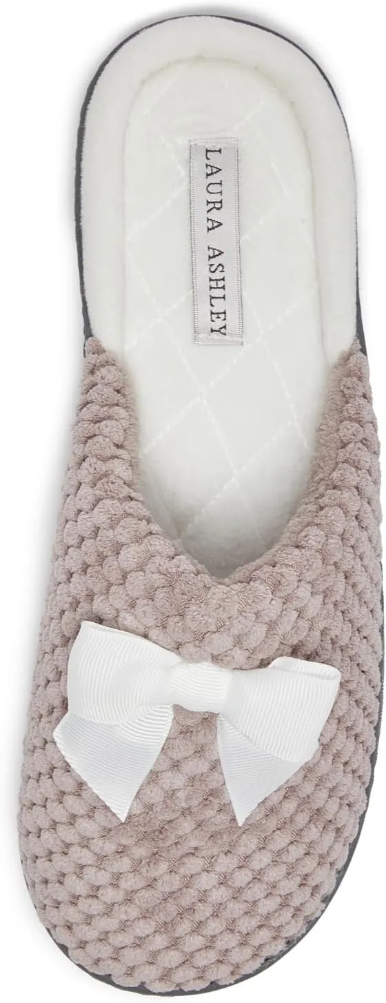 Laura Ashley Rugged Spa Slipper with Bow, Cozy Memory Foam Hard Bottom Slippers for Women, Soft Warm House Shoes