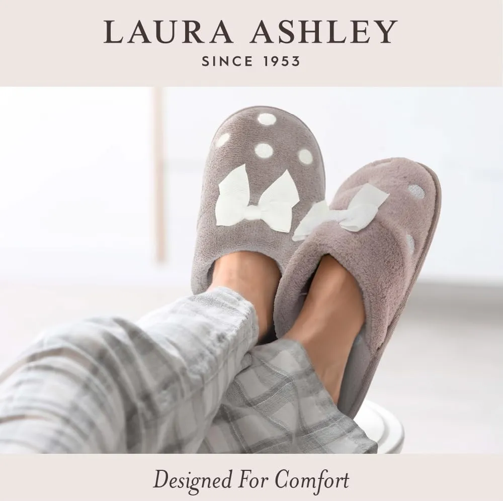 Laura Ashley Rugged Spa Slipper with Bow, Cozy Memory Foam Hard Bottom Slippers for Women, Soft Warm House Shoes