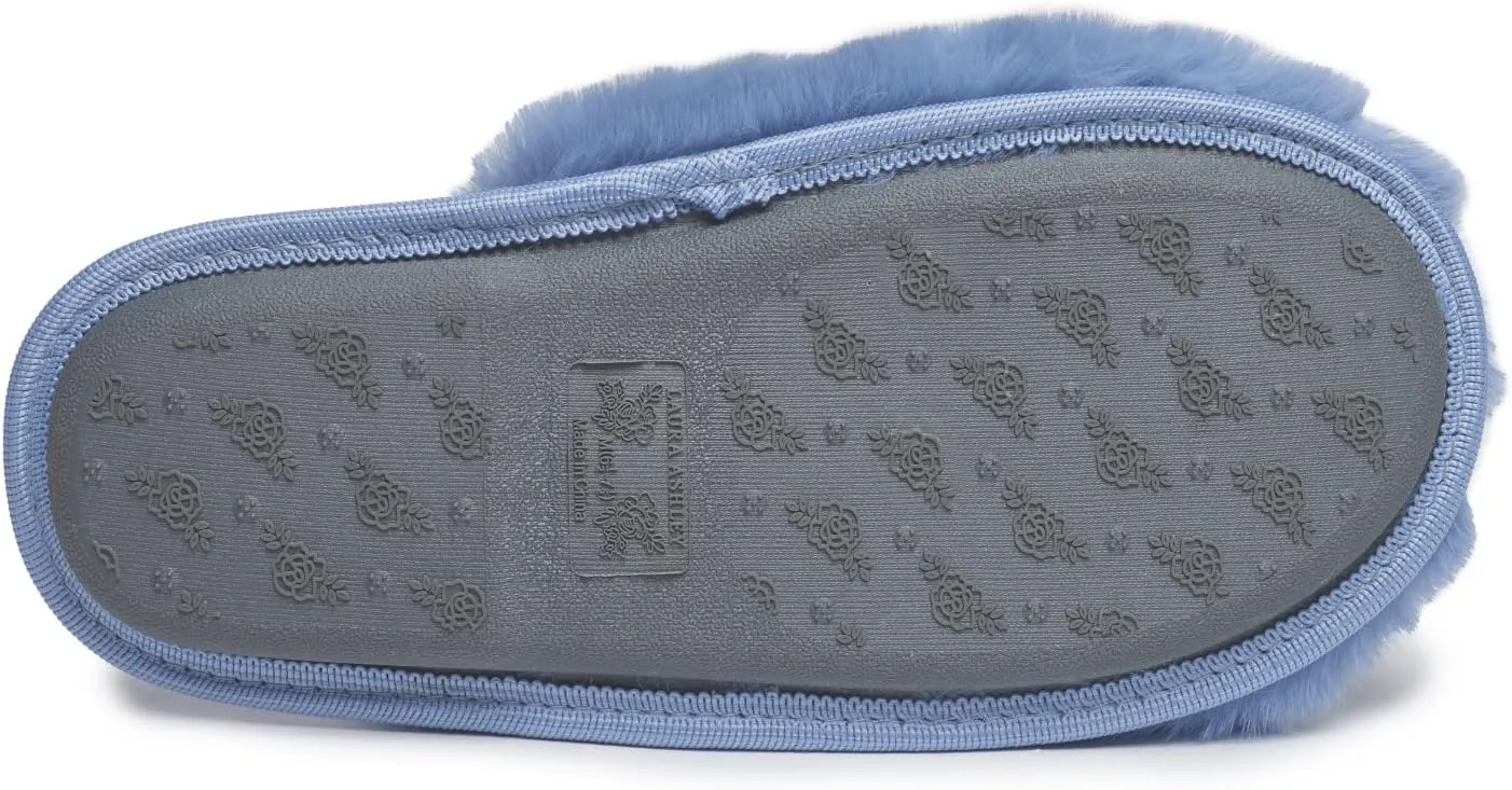 Laura Ashley Womens Soft Plush Memory Foam Scuff Slippers, Warm Fuzzy Fluffy Bedroom Slipper, Ladies Faux Fur Slip On House Shoes