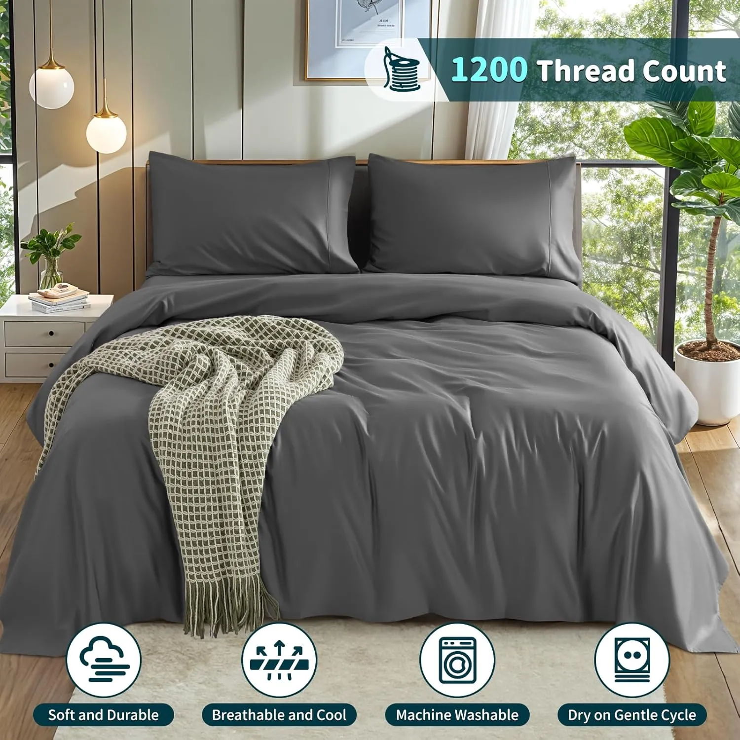 LBRO2M 100% Cotton 1200 Thread Count King Size Sheets Set,16 inches Deep Pocket,Bed Sheet 4 Piece Sets (Dark Grey, King)