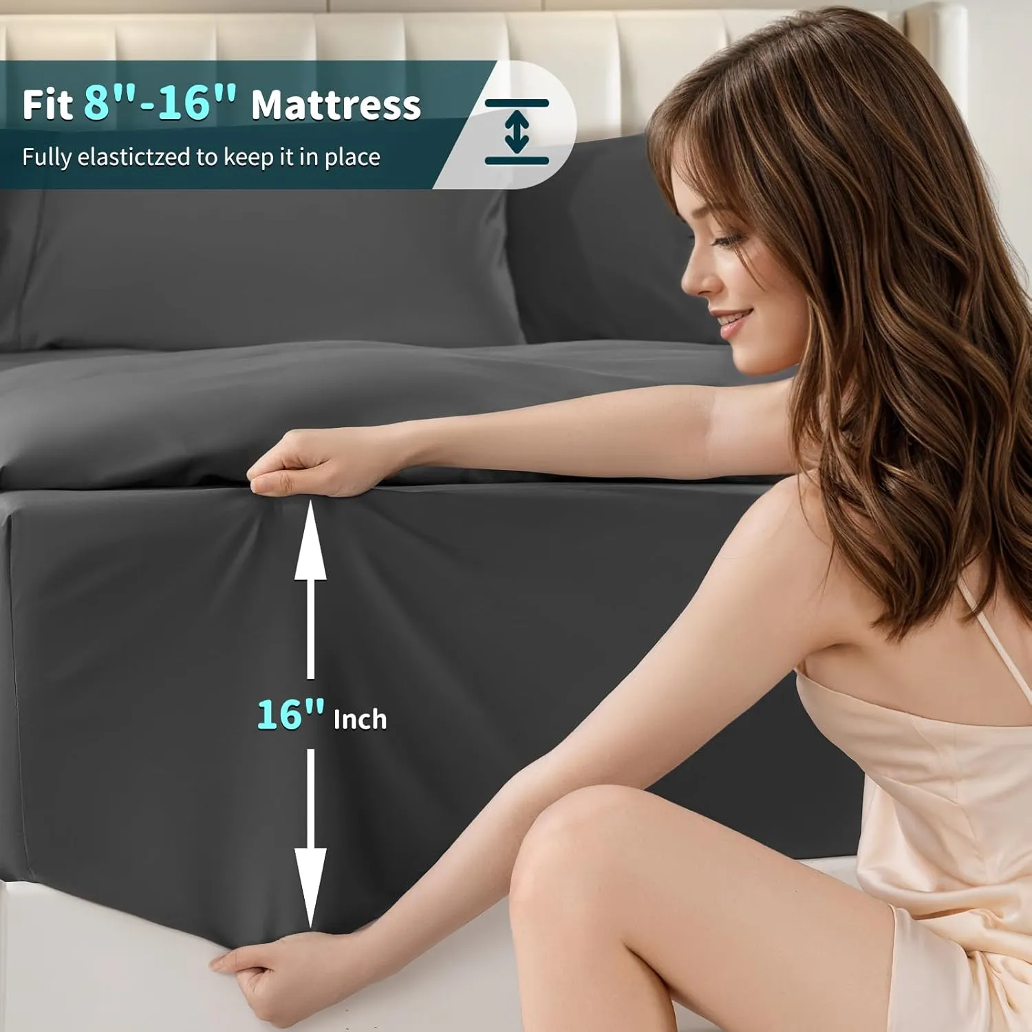 LBRO2M 100% Cotton 1200 Thread Count Queen Size Sheets Set,16 inches Deep Pocket,Bed Sheet 4 Piece Sets (Black, Queen)