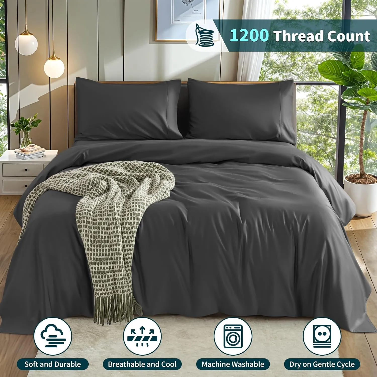 LBRO2M 100% Cotton 1200 Thread Count Queen Size Sheets Set,16 inches Deep Pocket,Bed Sheet 4 Piece Sets (Black, Queen)