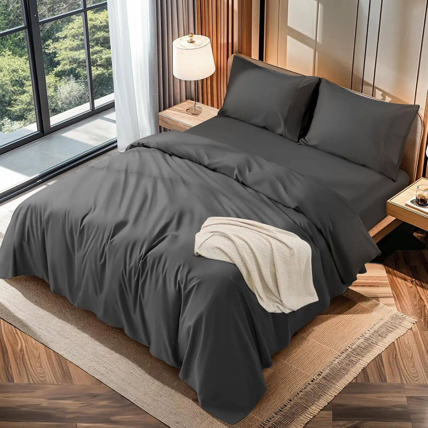 LBRO2M 100% Cotton 1200 Thread Count Queen Size Sheets Set,16 inches Deep Pocket,Bed Sheet 4 Piece Sets (Black, Queen)