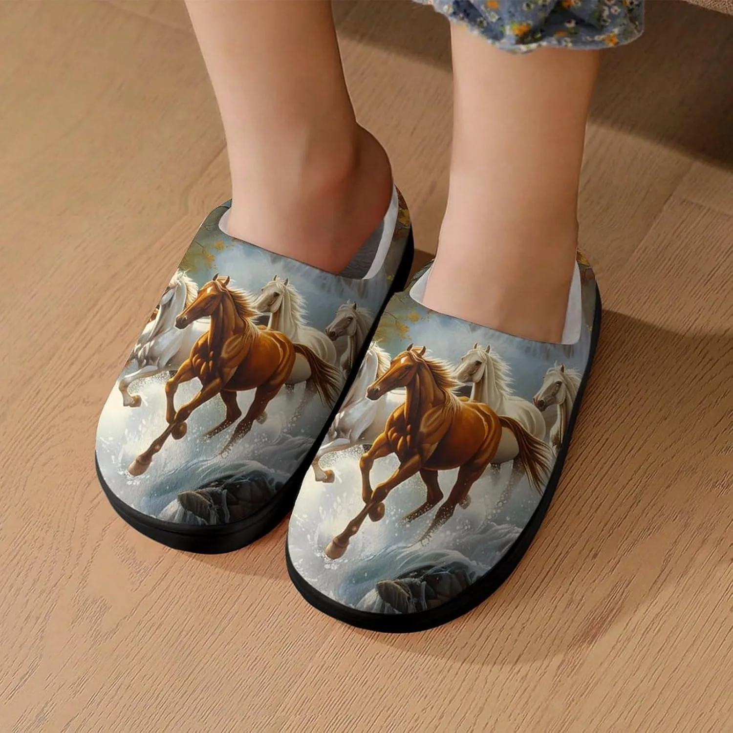Life Mountain Stream Running Horse Wild Kids Toddler Cotton Slippers Slip-on House Shoes for Bedroom Indoor Outdoor