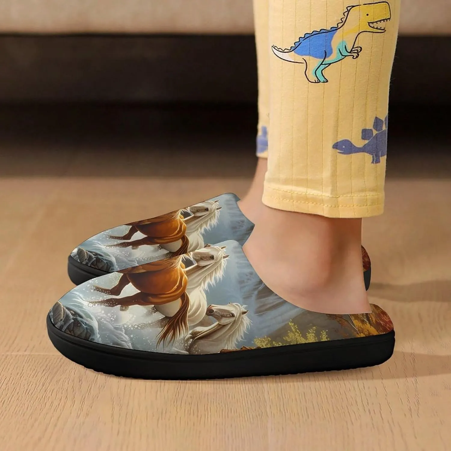 Life Mountain Stream Running Horse Wild Kids Toddler Cotton Slippers Slip-on House Shoes for Bedroom Indoor Outdoor