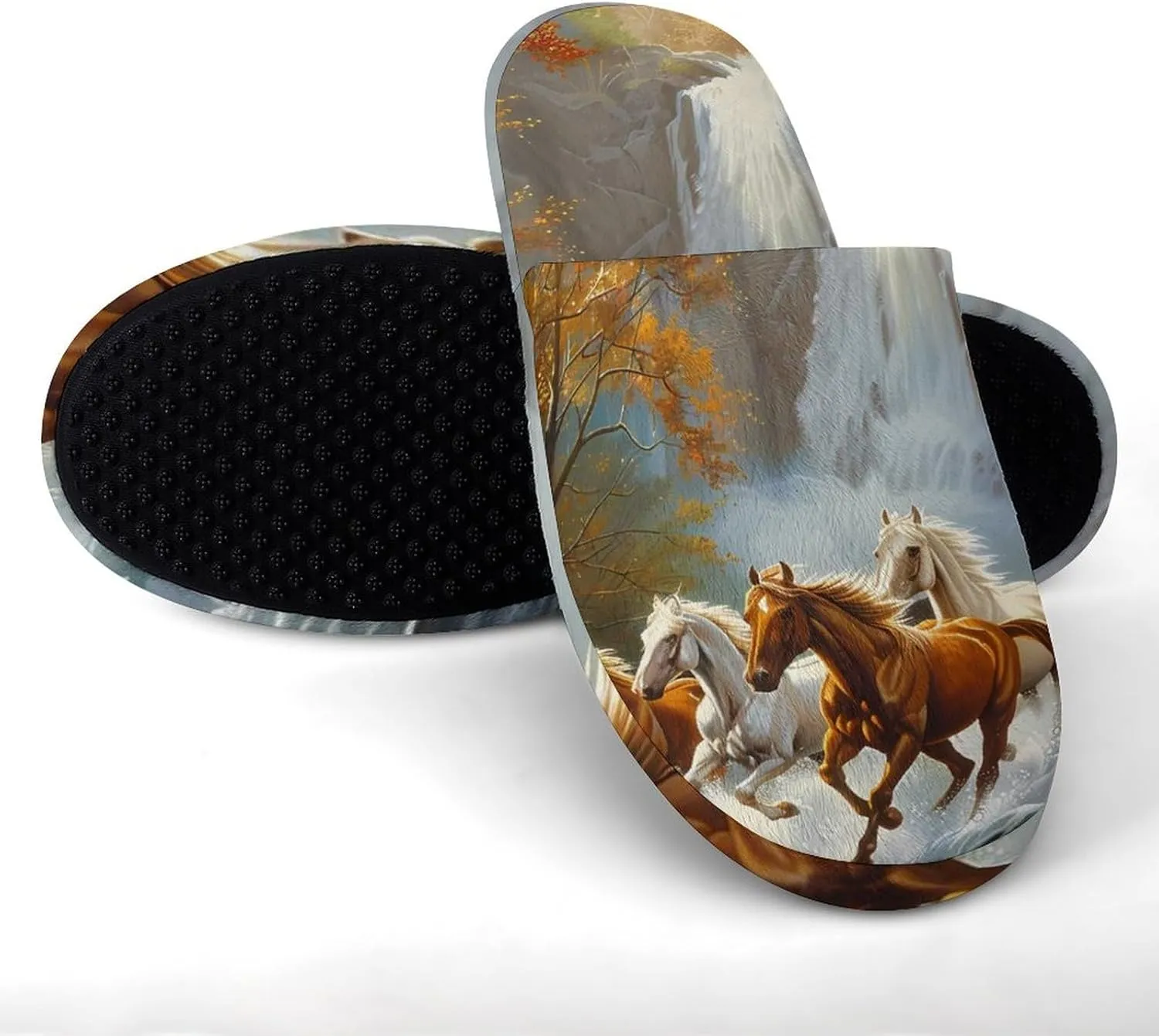 Life Mountain Stream Running Horse Wild Men's Cotton Slippers Closed Toe Slipper for Spa Hotel Bedoom