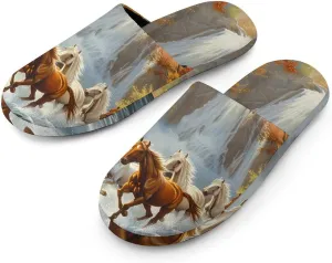 Life Mountain Stream Running Horse Wild Men's Cotton Slippers Closed Toe Slipper for Spa Hotel Bedoom