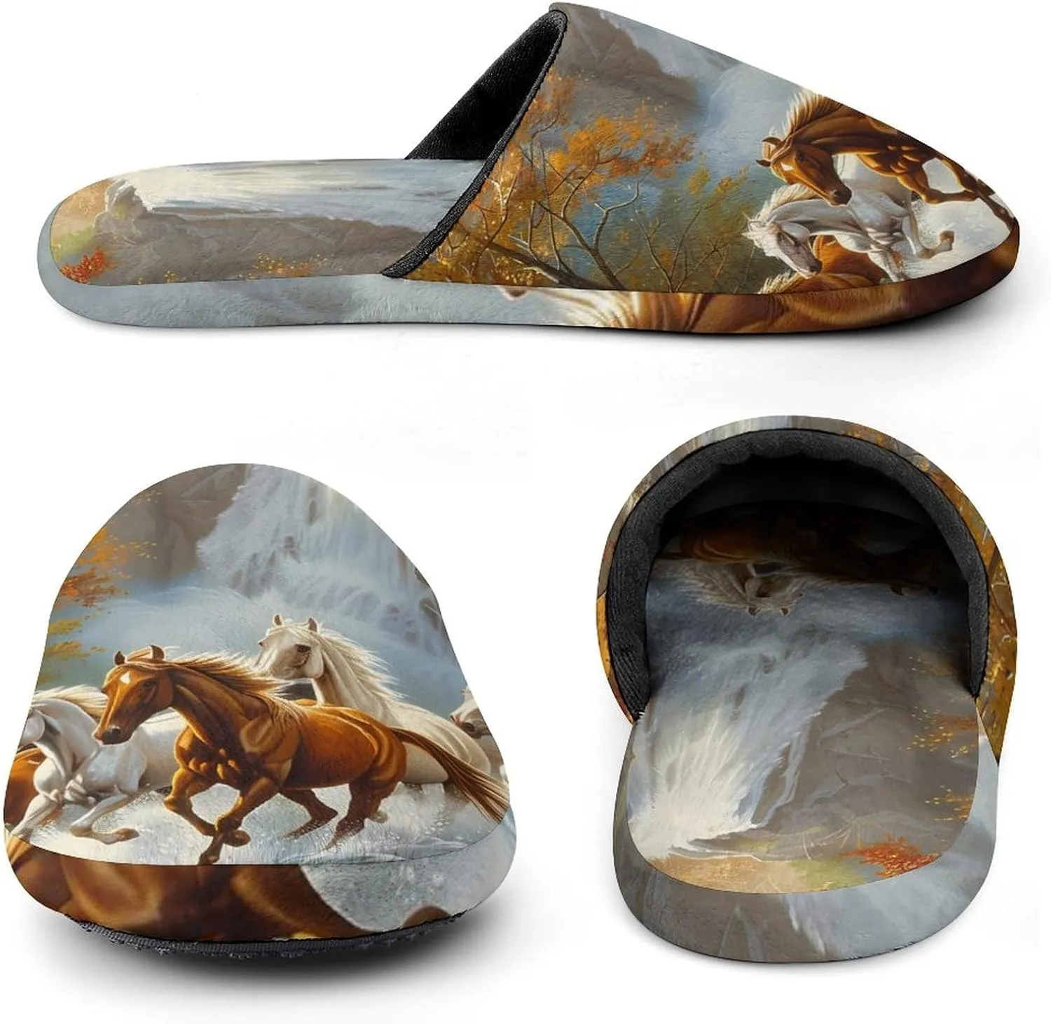 Life Mountain Stream Running Horse Wild Men's Cotton Slippers Closed Toe Slipper for Spa Hotel Bedoom