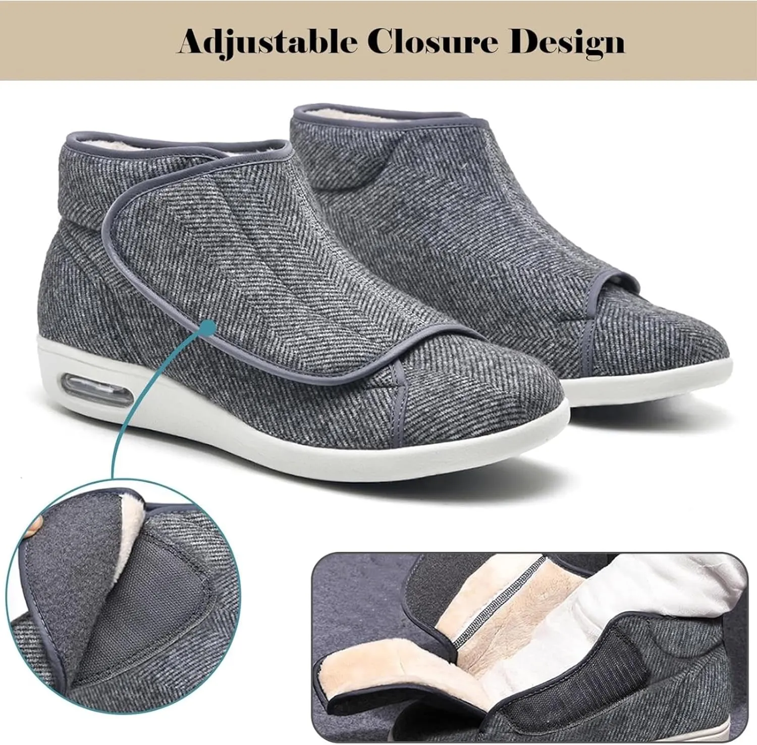 Lightweight Walking Sneakers, Adjustable Wide Width Winter Shoes, Warm Plush Orthopedic Shoes for Seniors with Swollen Feet