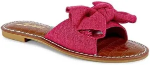 Liliana Women's Clarissa-1 Faux Croc Footbed Bow Accent Strap Flat Slip On Sandals