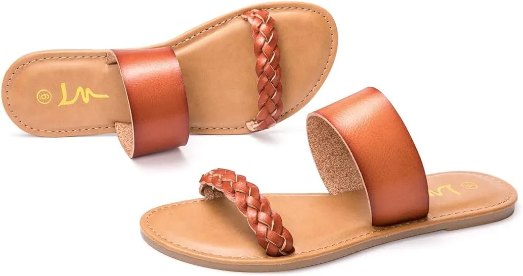 LM Women's Braided Slide Sandals Open Toe Two Band Slip On Flat Sandals Casual Summer Sandals