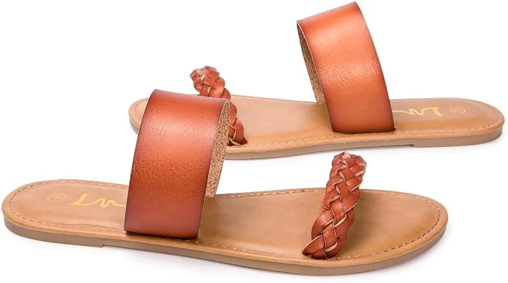 LM Women's Braided Slide Sandals Open Toe Two Band Slip On Flat Sandals Casual Summer Sandals