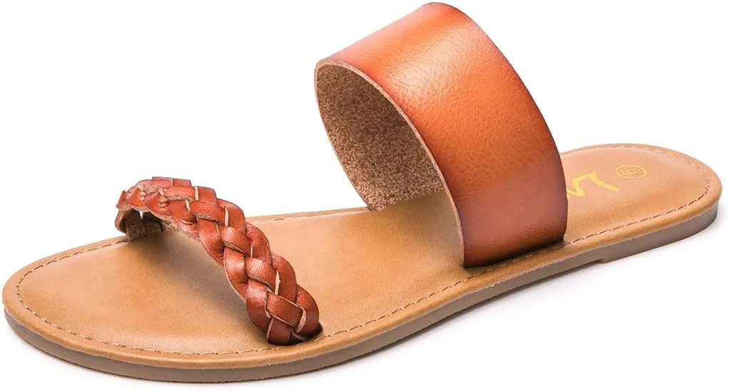 LM Women's Braided Slide Sandals Open Toe Two Band Slip On Flat Sandals Casual Summer Sandals